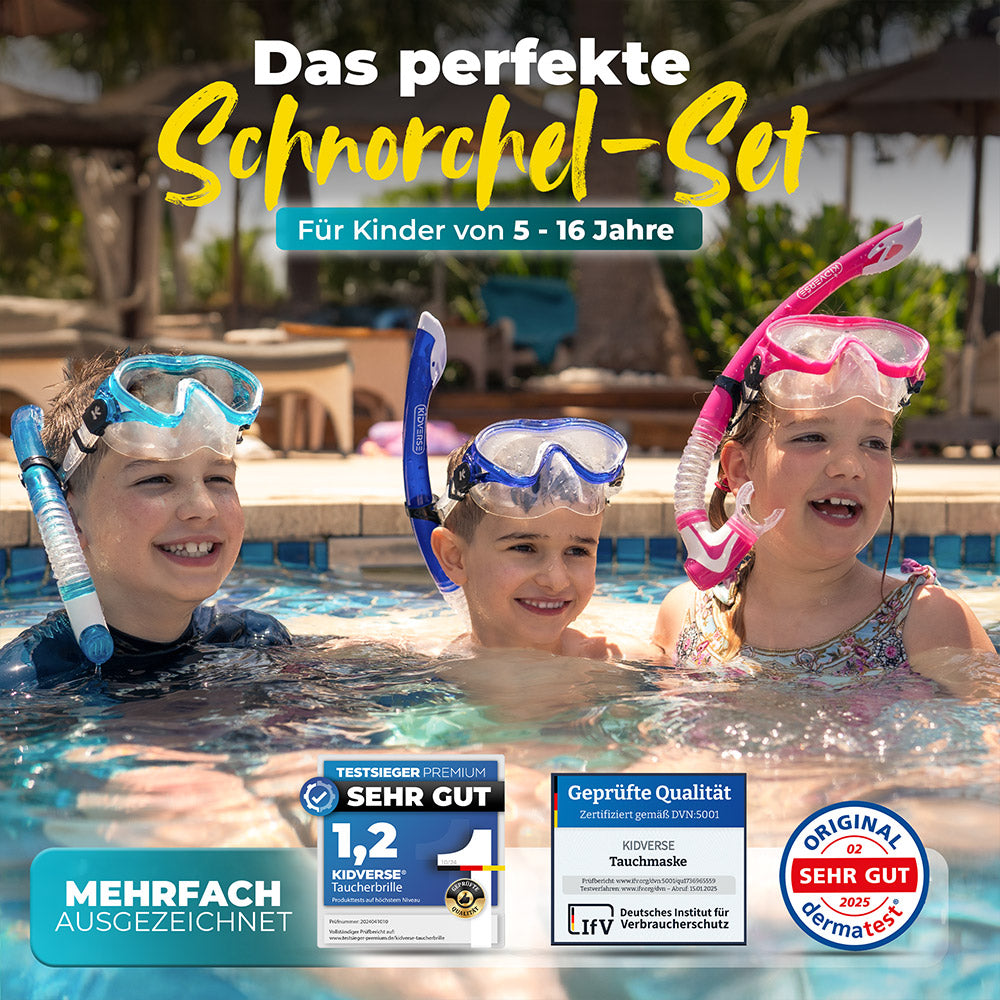 Kinder im Pool mit allen Varianten des Schnorchel Sets und der Überschrift: Das perfekte Schnorchel Set für Kinder von 5 - 16 Jahre. Mehrfach ausgezeichnet