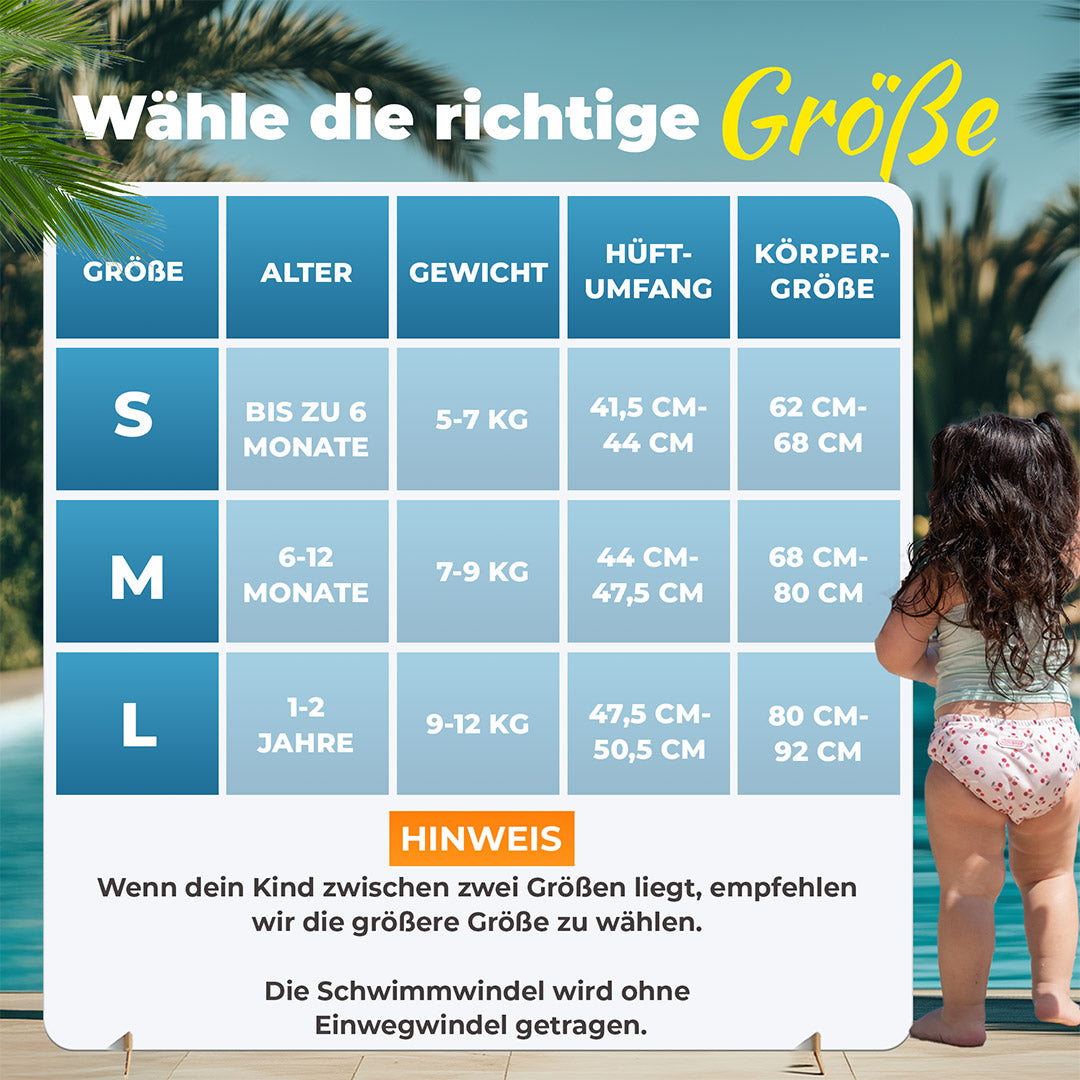 Größentabelle der Baby Schwimmwindel von 0 bis 24 Monate für Mädchen