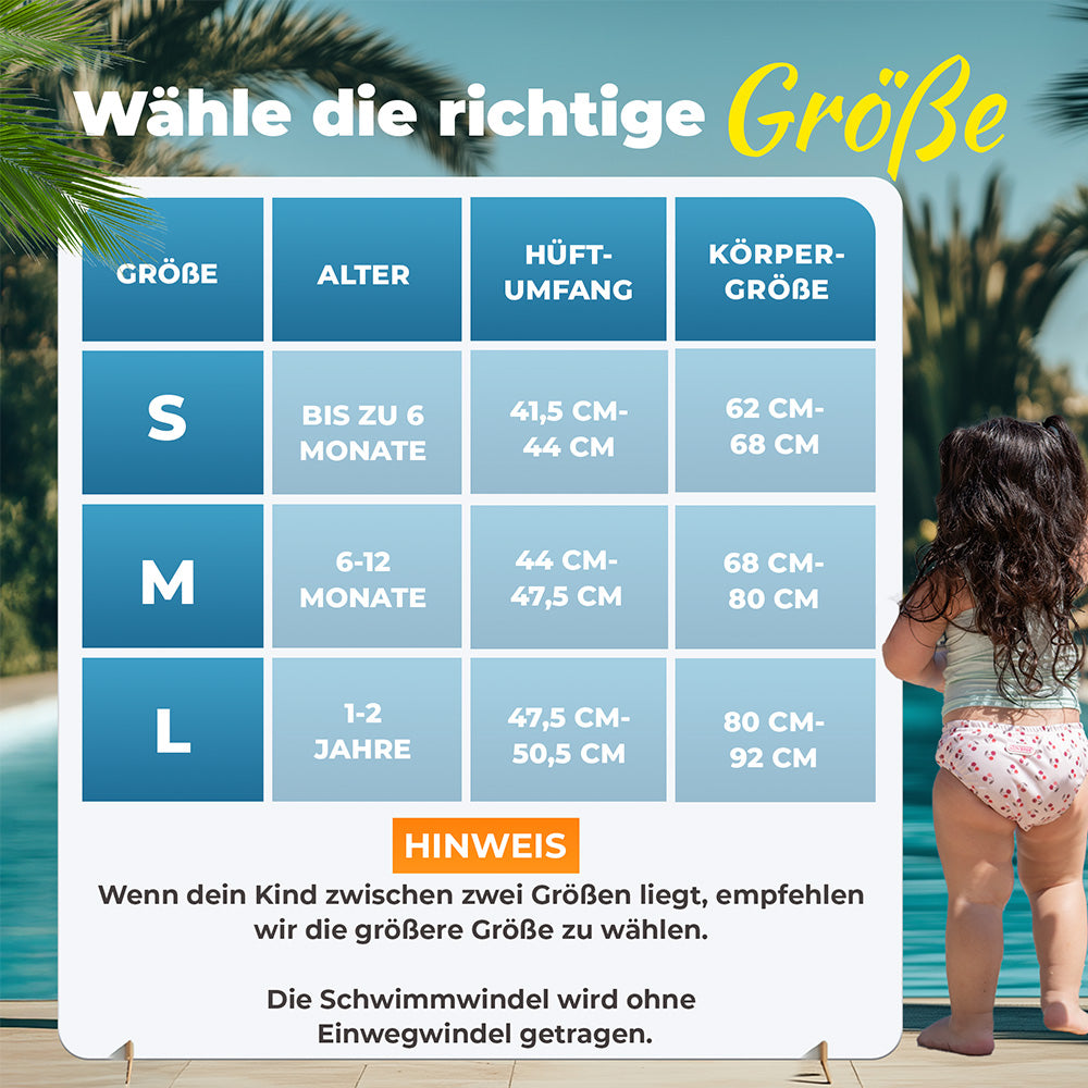 Größentabelle für Schwimmwindeln in den Größen S, M und L. Größe S: bis zu 6 Monate, Hüftumfang 41,5 bis 44 cm, Körpergröße 62 bis 68 cm. Größe M: 6 bis 12 Monate, Hüftumfang 44 bis 47,5 cm, Körpergröße 68 bis 80 cm. Größe L: 1 bis 2 Jahre, Hüftumfang 47,5 bis 50,5 cm, Körpergröße 80 bis 92 cm. Hinweis: Wenn das Kind zwischen zwei Größen liegt, wird die größere Größe empfohlen. Die Schwimmwindel wird ohne Einwegwindel getragen.