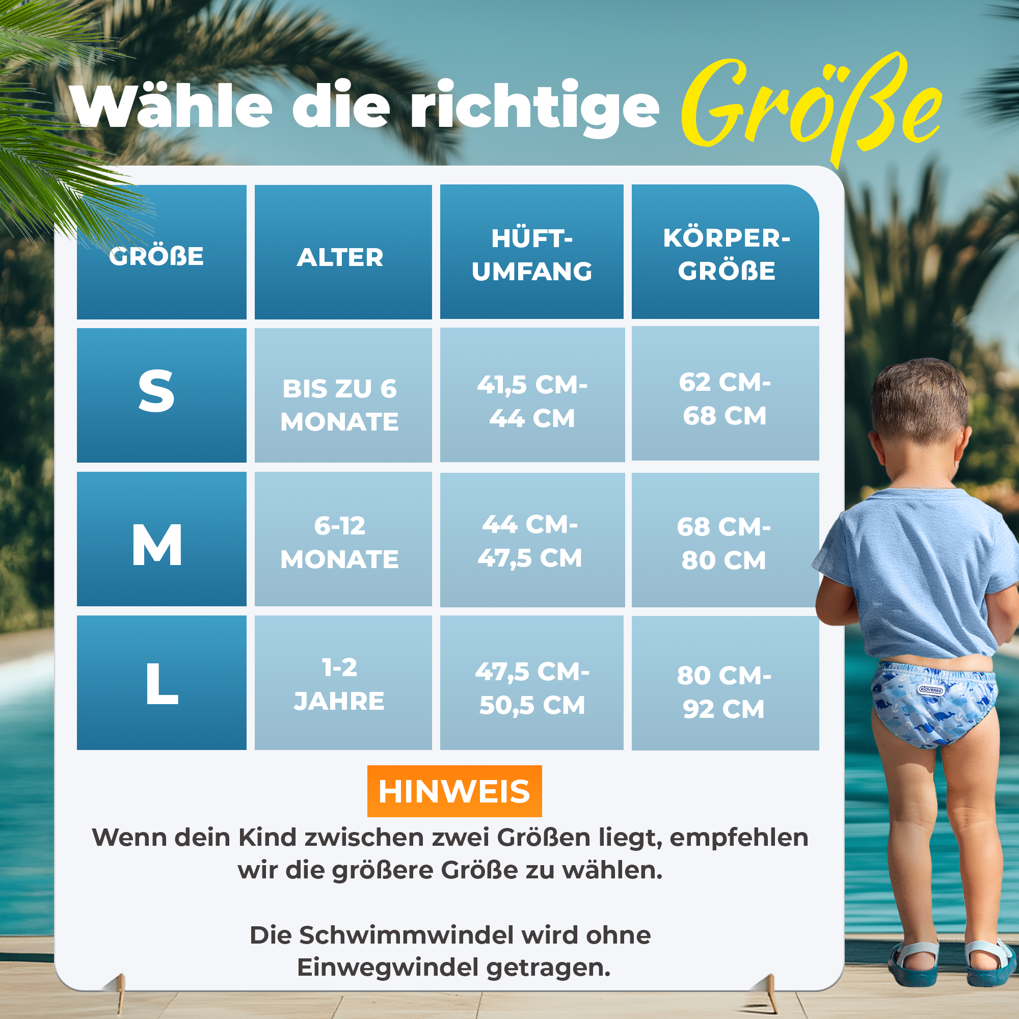 Größentabelle für Schwimmwindeln in den Größen S, M und L. Größe S: bis zu 6 Monate, Hüftumfang 41,5 bis 44 cm, Körpergröße 62 bis 68 cm. Größe M: 6 bis 12 Monate, Hüftumfang 44 bis 47,5 cm, Körpergröße 68 bis 80 cm. Größe L: 1 bis 2 Jahre, Hüftumfang 47,5 bis 50,5 cm, Körpergröße 80 bis 92 cm. Hinweis: Wenn das Kind zwischen zwei Größen liegt, wird die größere Größe empfohlen. Die Schwimmwindel wird ohne Einwegwindel getragen.