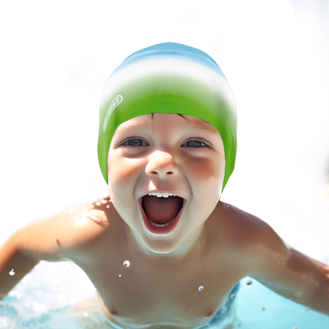 Kinderbadekappe für Jungen in Blau weiss Grün Farbverlauf