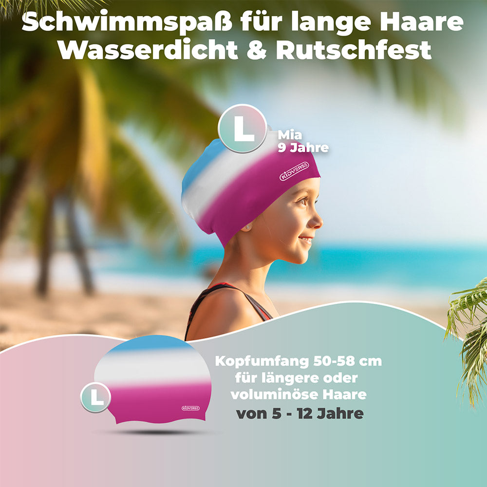Größentabelle für die Kinderbadekappe in der Größe L, passend für Kinder mit einem Kopfumfang von ca. 50-58 cm für längere oder voluminöse Haare von 5-12 Jahre