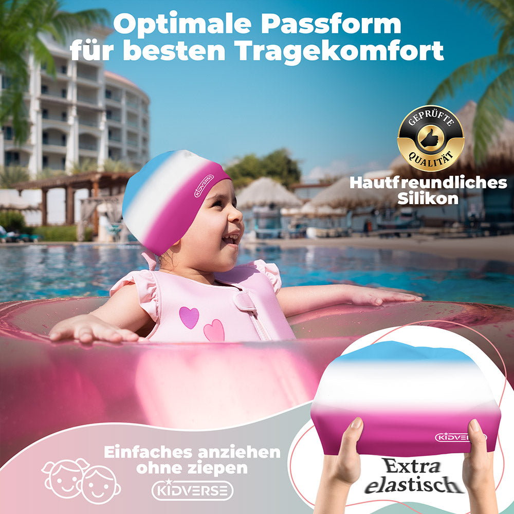 Lächelndes Kind in einem Schwimmreifen mit einer Kinderbadekappe. Text im Bild: Optimale Passform für besten Tragekomfort. Einfaches anziehen ohne ziepen