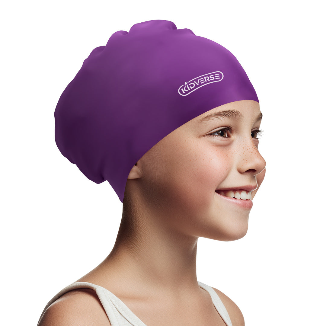 Kinderbadekappe für Mädchen mit langen Haaren in Violett