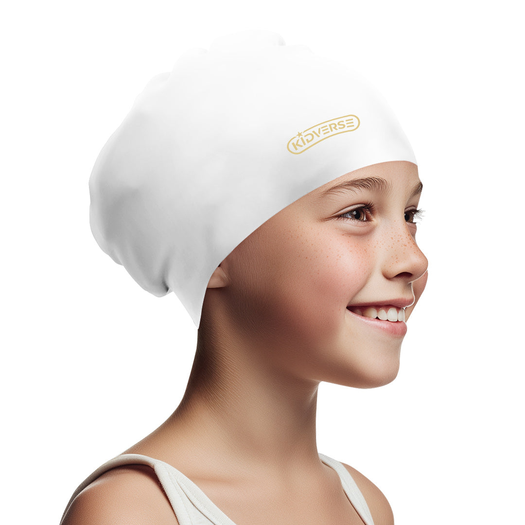 Kinderbadekappe für Mädchen mit langen Haaren in der Farbe Weiß