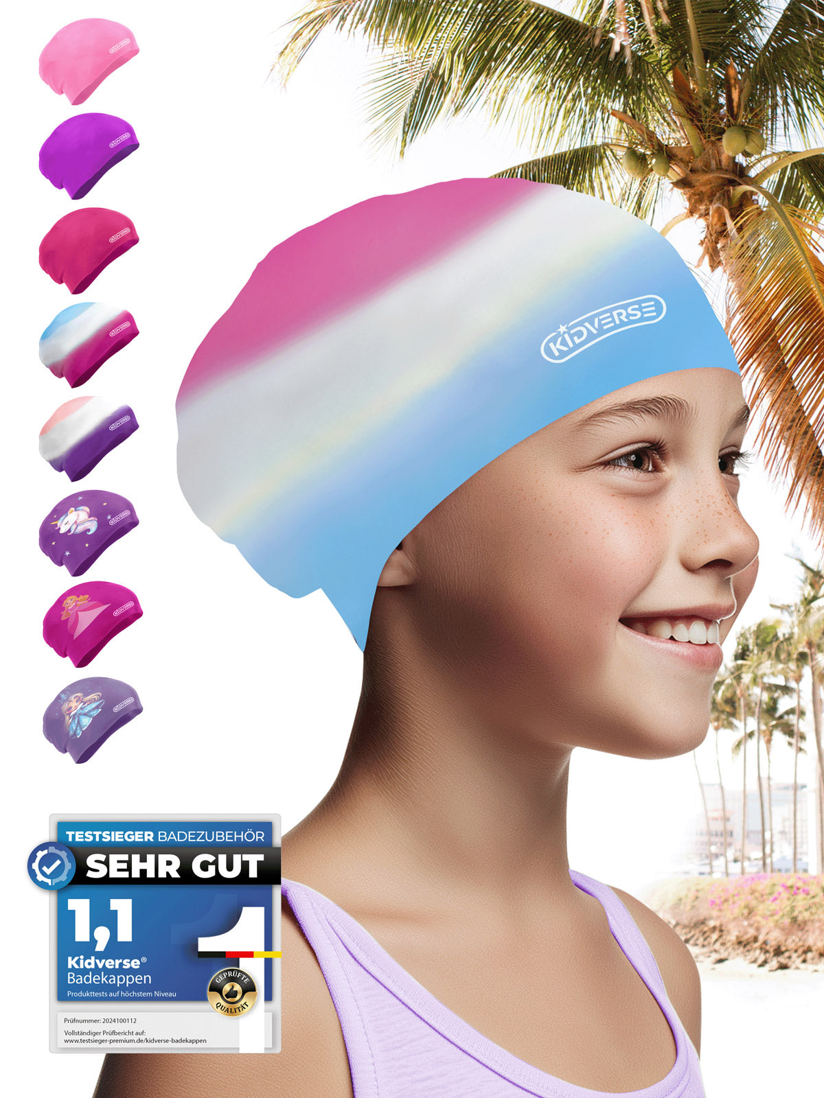 Kinderbadekappe für Mädchen mit langen Haaren in Pink Weiß Blau Farbverlauf