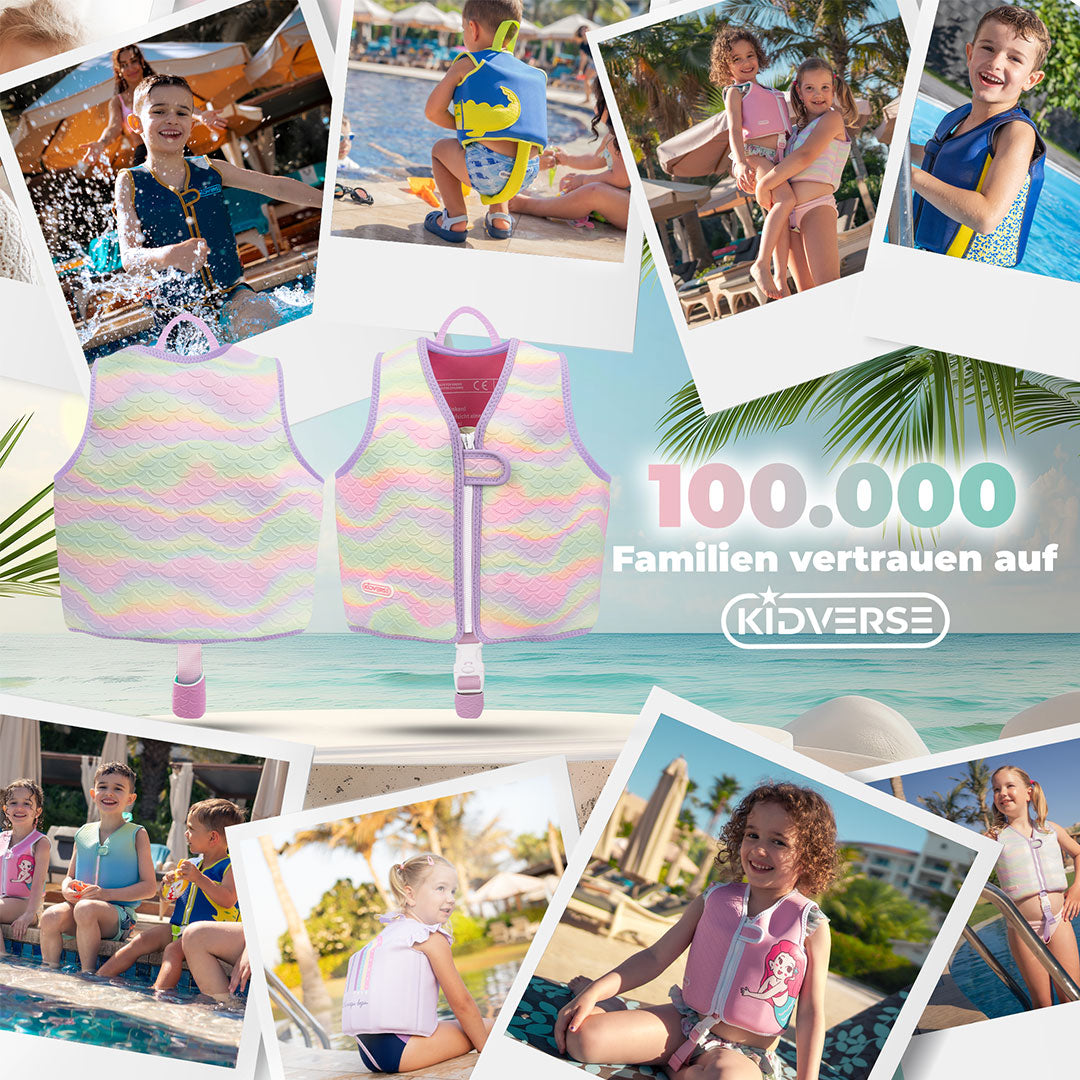 Abbildung einer Schwimmweste für Kinder von 1 bis 6 Jahren. Am Bildrand sind mehrere Fotos der Schwimmweste in Aktion zu sehen. Text im Bild: 100.000 Familien vertrauen auf Kidverse