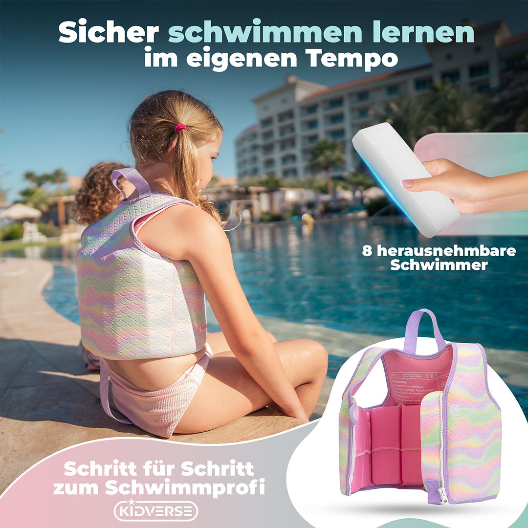 Zwei Kinder sitzen am Beckenrand mit dem Text: Sicher schwimmen lernen im eigenen Tempo. 8 herausnehmbare Schwimmer. Schritt für Schritt zum Schwimmprofi