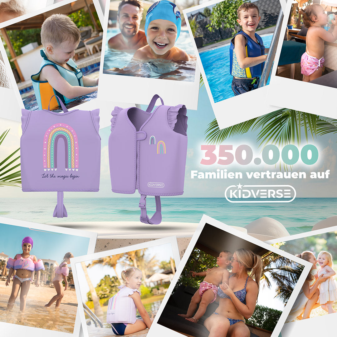 Abbildung der Kinderschwimmweste für Mädchen in lila mit Bildern in Aktion. Text: 350000 Familien vertrauen auf Kidverse