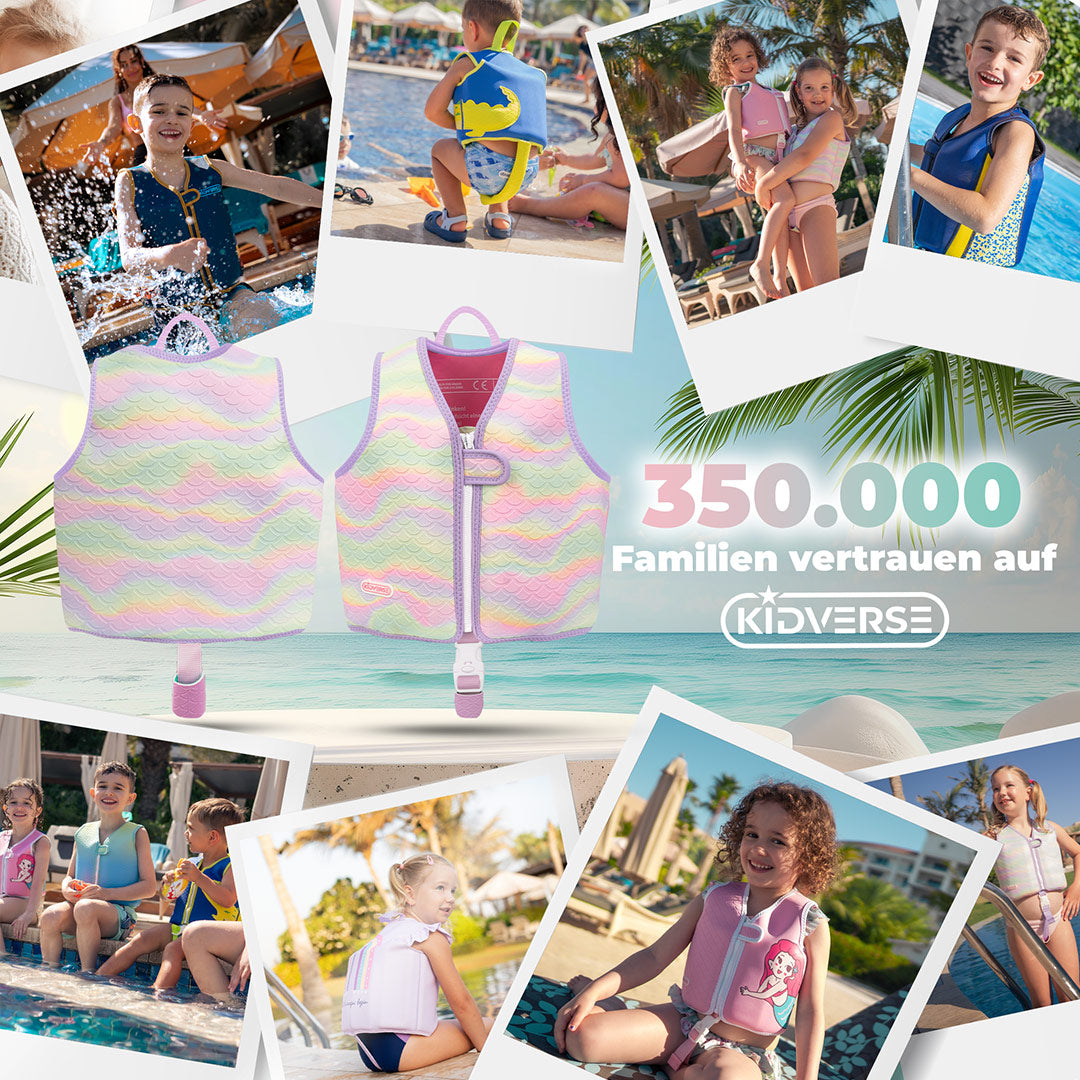 Abbildung einer Schwimmweste für Kinder von 1 bis 6 Jahren. Am Bildrand sind mehrere Fotos der Schwimmweste in Aktion zu sehen. Text im Bild: 350.000 Familien vertrauen auf Kidverse