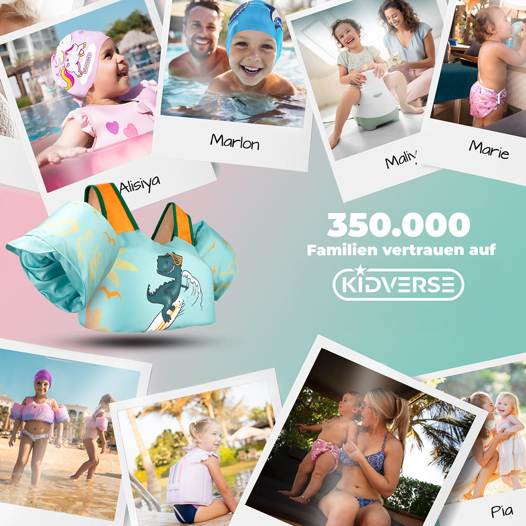 Abbildung der Kinderschwimmweste mit Schwimmflügel in der Farbe Grün mit Dino. Am Bildrand werden Bilder von glücklichen Momenten gezeigt mit der Kidverse Schwimmbrille. 350000 Familien vertrauen auf Kidverse