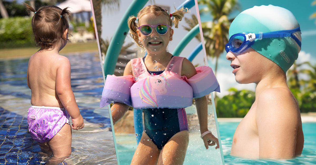 Geteiltes Bild: Links ein Baby mit einer Baby-Schwimmwindel, in der Mitte ein Kind mit Schwimmweste und Schwimmflügeln, rechts ein Kind mit Badekappe und Schwimmbrille.