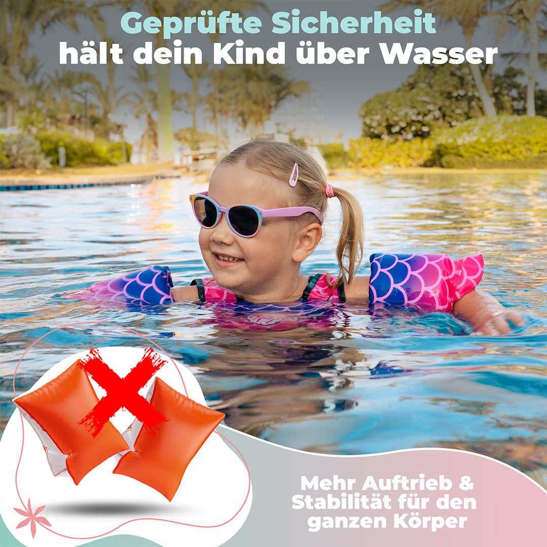 Kind mit der Schwimmweste mit Schwimmflügeln im Wasser. Text im Bild: Geprüfte Sicherheit hält dein Kind über Wasser. Mehr Auftrieb & Stabilität für den ganzen Körper