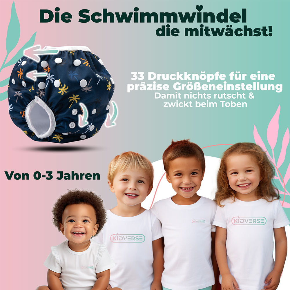 Lächelnde Babys mit Kidverse T-Shirts auf einen Hintergrund mit dem Text: Die Schwimmwindel die mitwächst. 33 Druckknöpfe für eine präzise Größeneinstellung, damit nichts rutscht & zwickt beim Toben