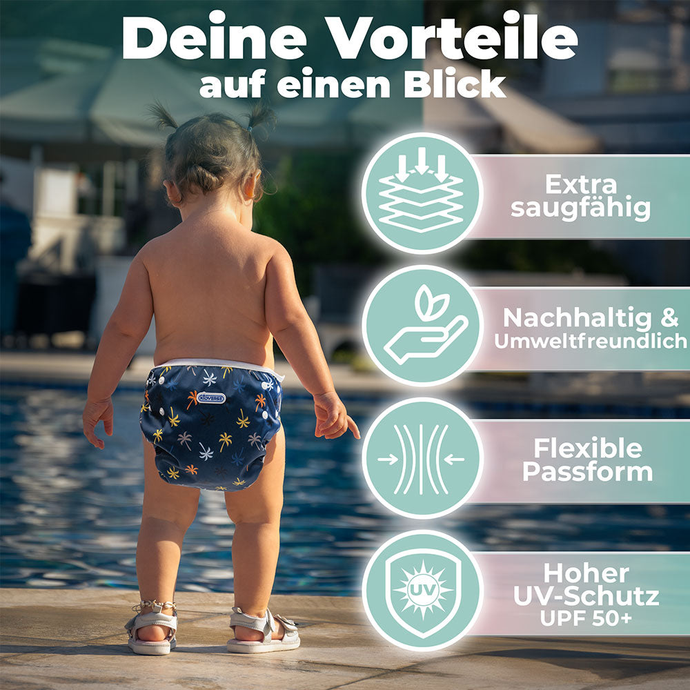 Kind mit einer Baby Schwimmwindel am Beckenrand mit der Überschrift Deine Vorteile auf einen Blick. Extra Saugfähig, Nachhaltig & Umweltfreundlich, flexible Passform und Hoher UV Schutz UPF 50+