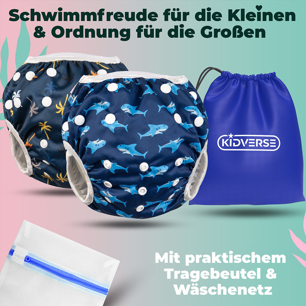 2er Set Baby Schwimmwindeln auf einem grünen Hintergrund mit dem Text: Schwimmfreude für die kleinen & Ordnung für die Großen mit praktischem Tragebeutel und Wäschenetz