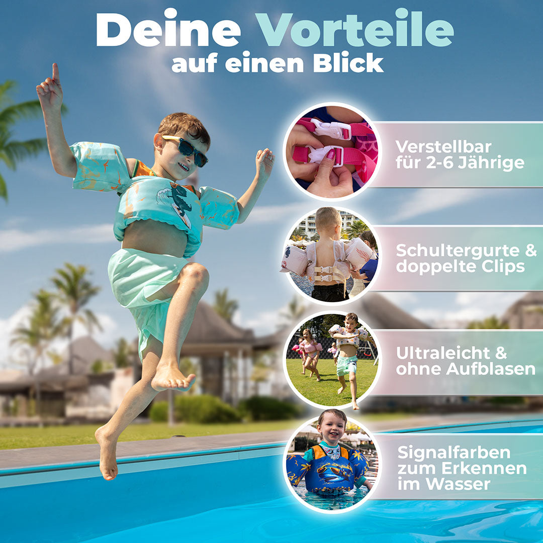 Ein Kind was ins Wasser springt. Text: eine Vorteile auf einen Blick. Verstellbar für 2- 6 Jährige, Schultergurte & doppelte Clips, Ultraleicht & ohne Aufblasen und in Signalfarben zum Erkennen im Wasser