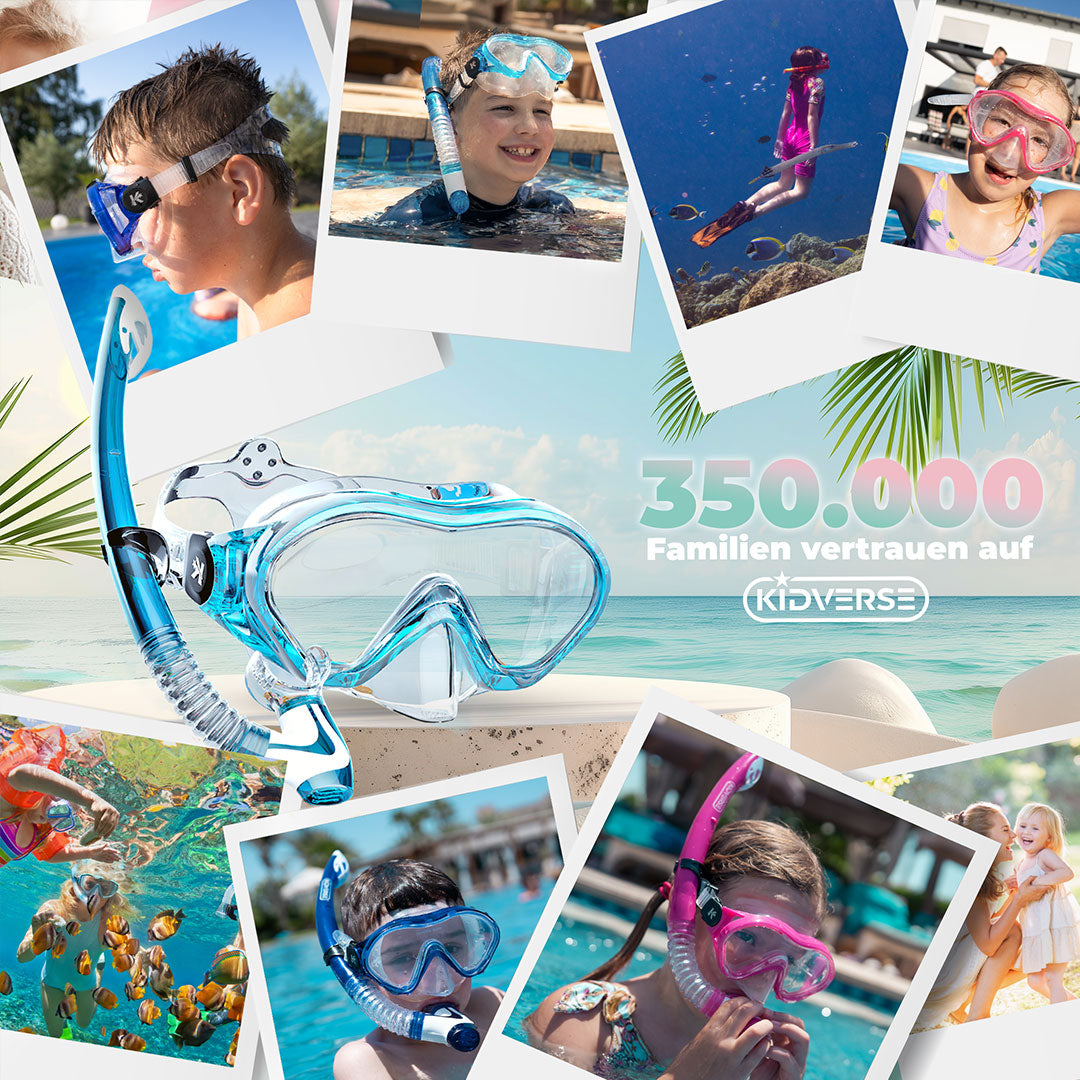 Abbildung eines Schnorchelsets am Strand. Am Bildrand sind mehrere Fotos zu sehen, die das Schnorchelset in Aktion zeigen. Text im Bild: 350.000 Familien vertrauen auf Kidverse