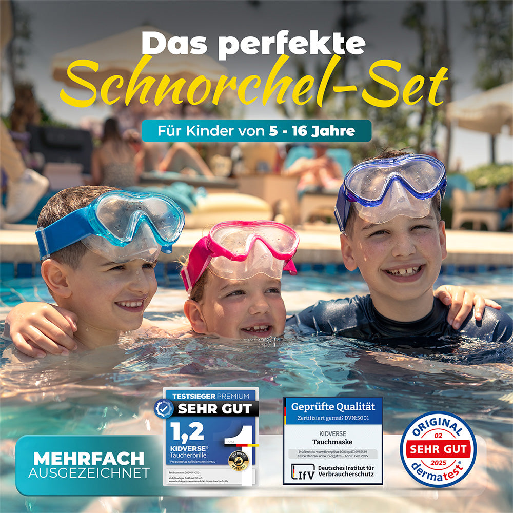 Kinder im Pool mit allen Varianten des Schnorchel Sets und der Überschrift: Das perfekte Schnorchel Set für Kinder von 5 - 16 Jahre. Mehrfach ausgezeichnet