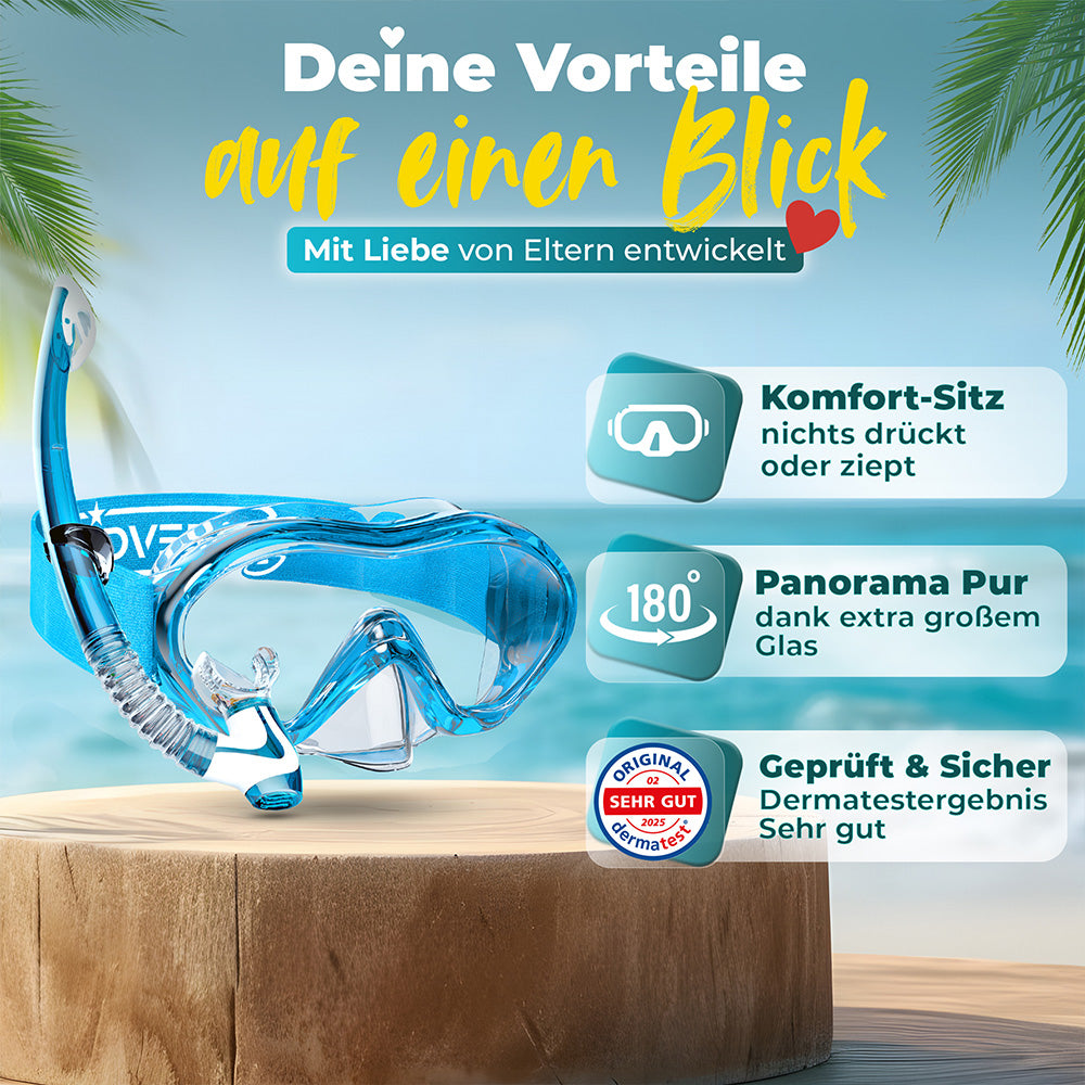 Schnorchelset mit Strapband am Strand mit der Überschrift: Deine Vorteile auf einen Blick. Komfort Sitz, nichts drückt oder ziept. Panorama Pur, dank extra großem Glas