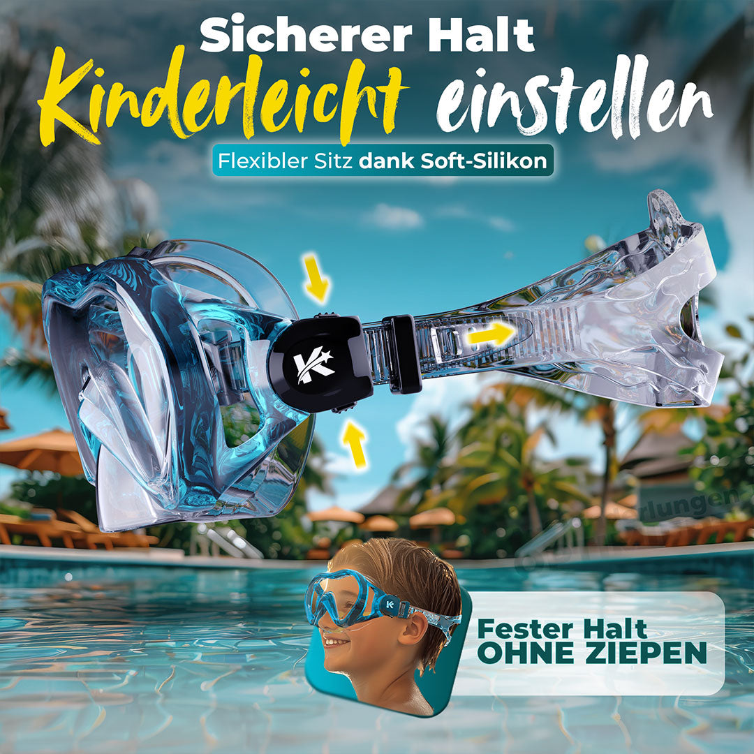 Kindertaucherbrille von der Seite mit Pfeilen auf den verstell Verschluss. Sicherer Halt, Kinderleicht einstellen. Flexibler Sitz dank Soft Silikon