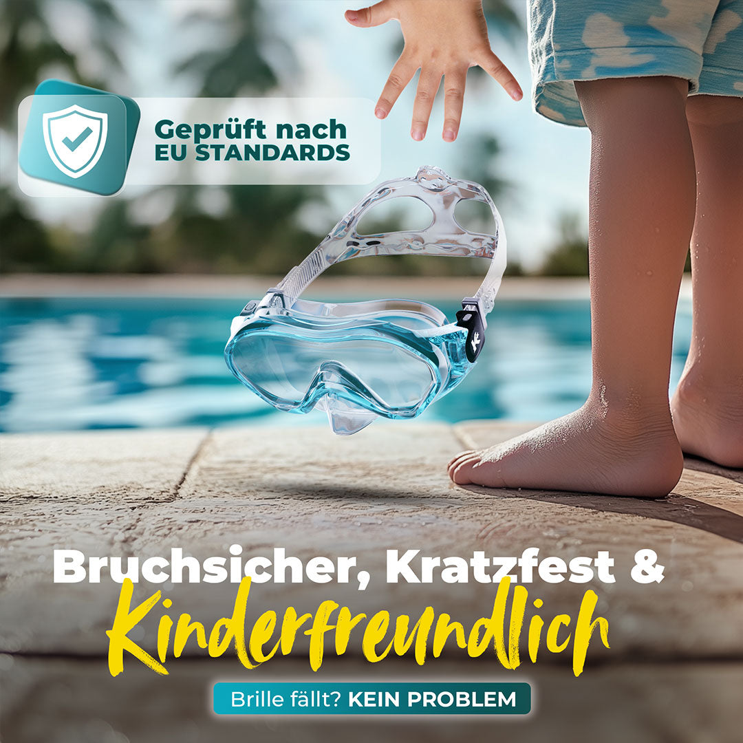 Fallende Kindertaucherbrille mit dem Text: Bruchsicher, Kratzfest & Kinderfreundlich, Brille fällt kein Problem. Geprüft nach EU Standards
