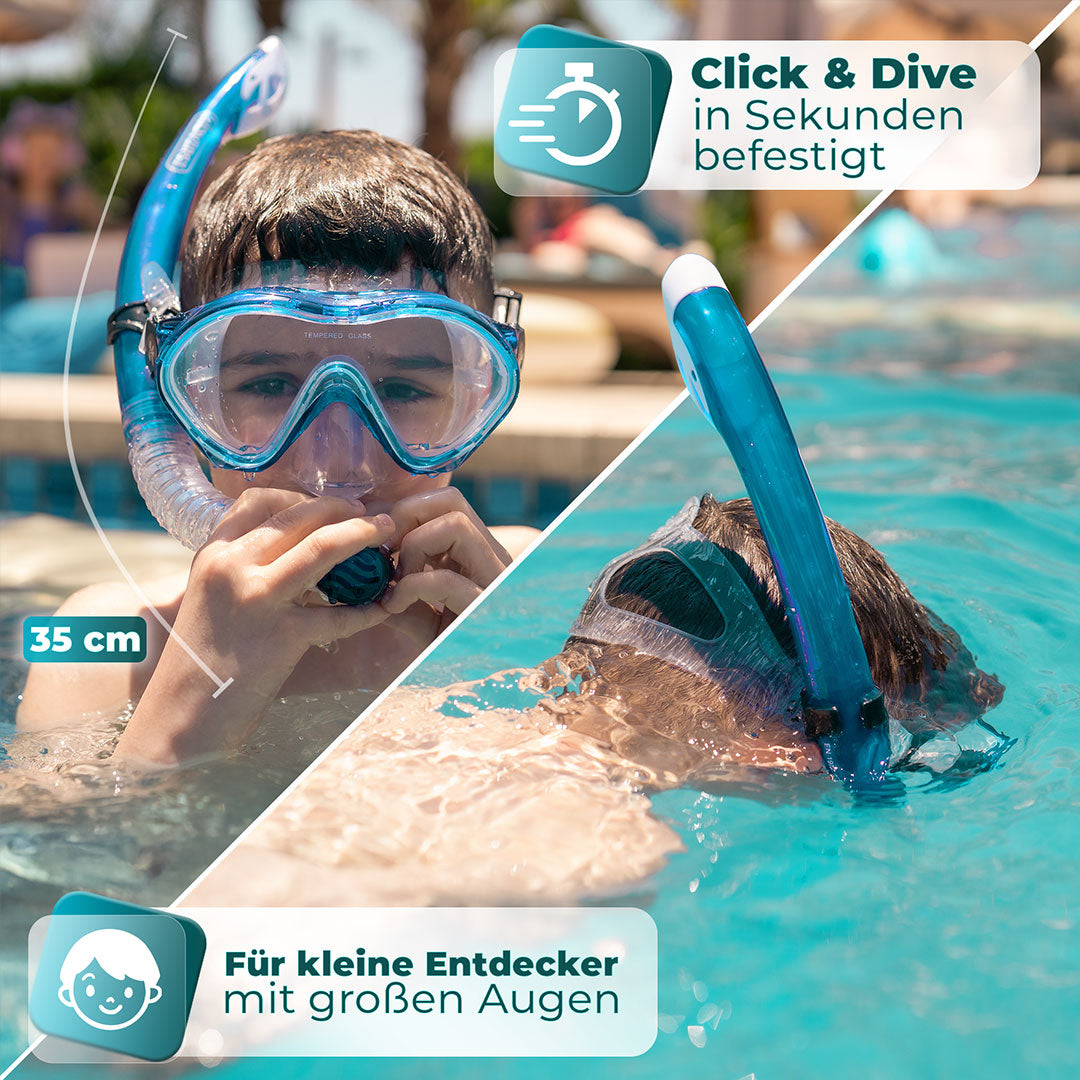 Geteiltes Bild: Oben ist ein Junge mit einem Schnorchelset zu sehen, der Schnorchel ist 35 cm lang. Text im Bild: Click & Dive – in Sekunden befestigt. Unten taucht derselbe Junge unter Wasser. Text im Bild: Für kleine Entdecker mit großen Augen