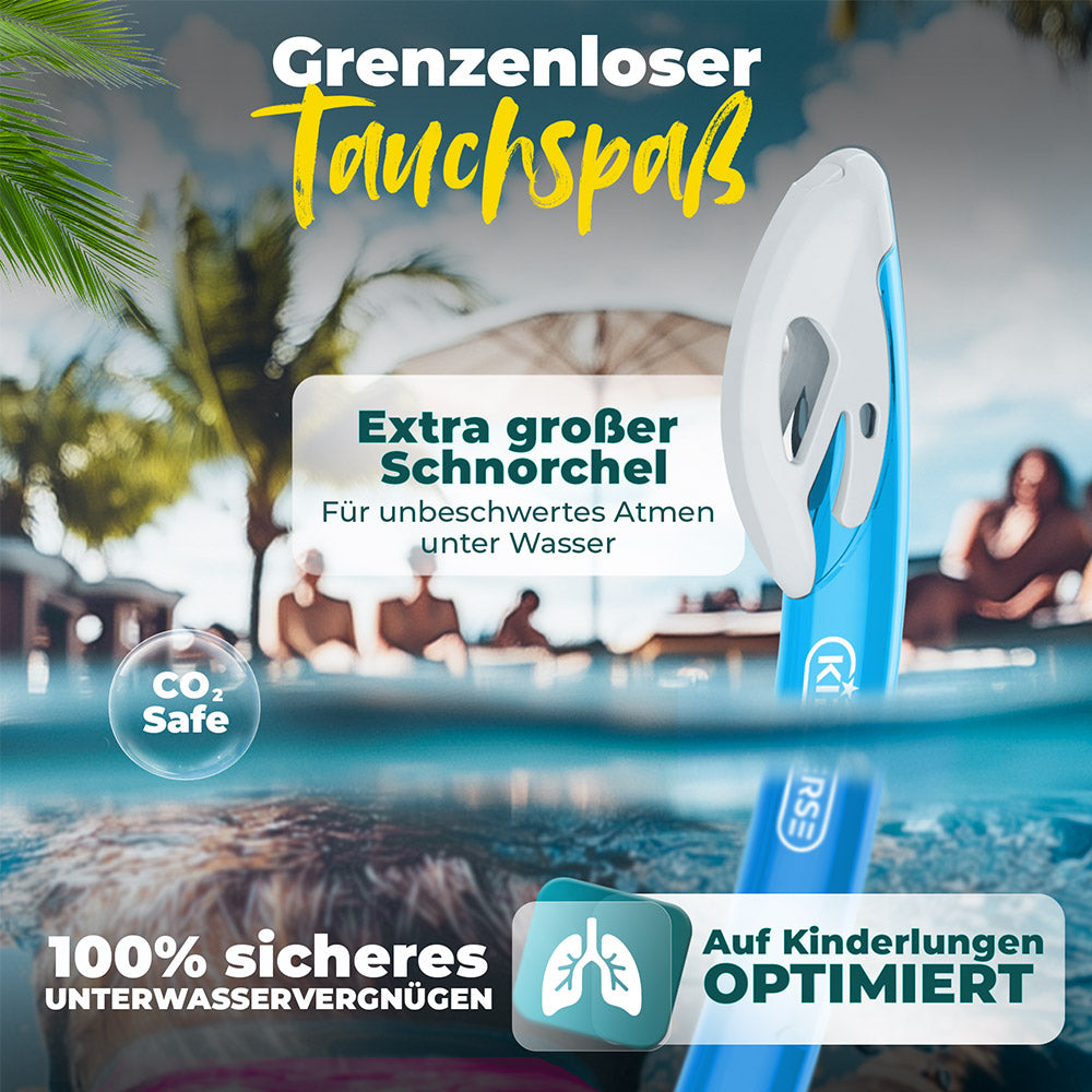 Ein Kind am Tauchen wo der Schnorchel oben aus dem Wasser herausschaut mit dem Text Grenzenloser Tauchspaß. Extra großer Schnorchel für unbeschwertes Atmen unter Wasser