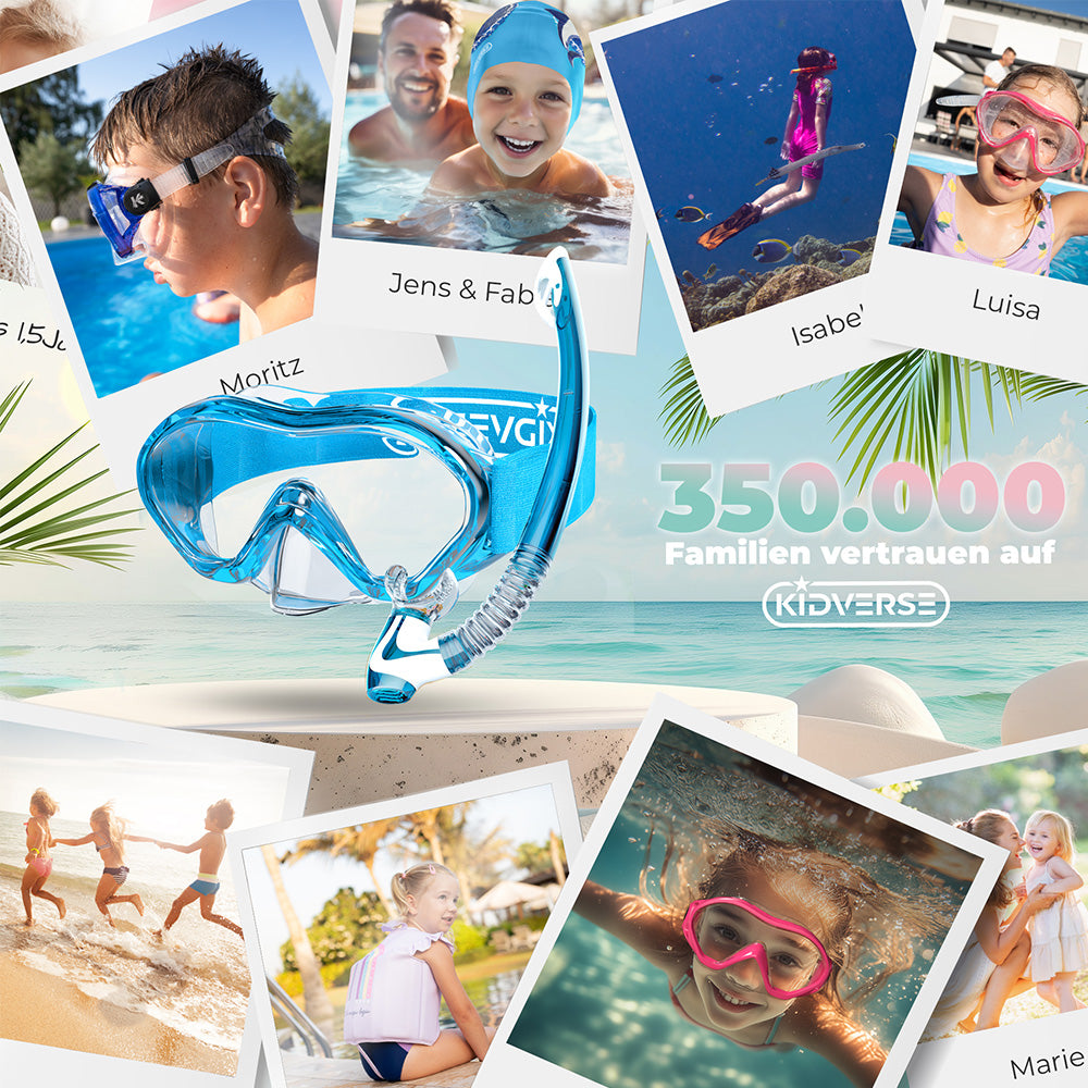 Abbildung eines Schnorchelsets mit Strapband am Strand. Am Bildrand sind mehrere Fotos zu sehen, die das Schnorchelset in Aktion zeigen. Text im Bild: 350.000 Familien vertrauen auf Kidverse