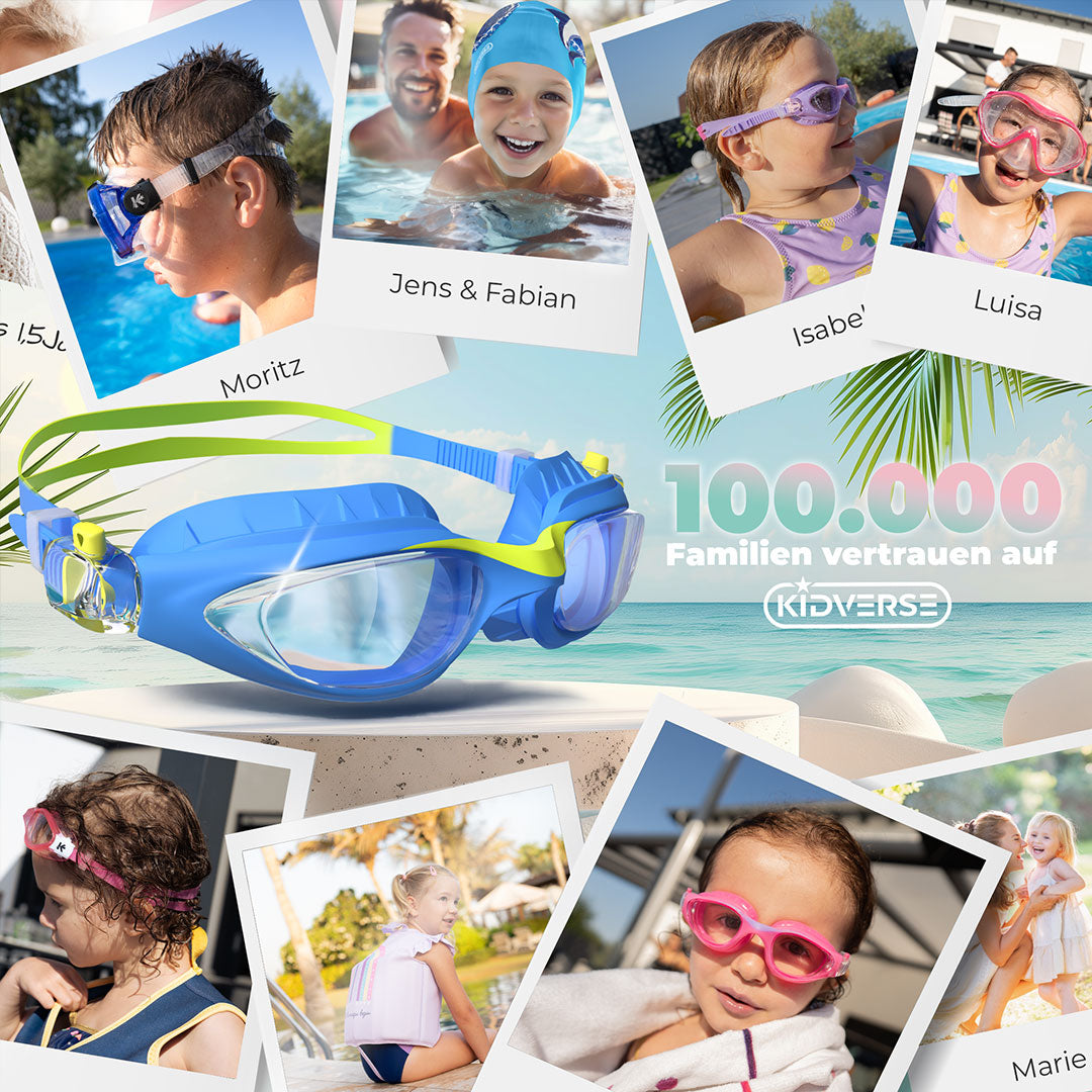 Abbildung der Kinderschwimmbrille. Am Bildrand werden Bilder von glücklichen Momenten gezeigt mit der Kidverse Schwimmbrille. 100000 Familien vertrauen auf Kidverse
