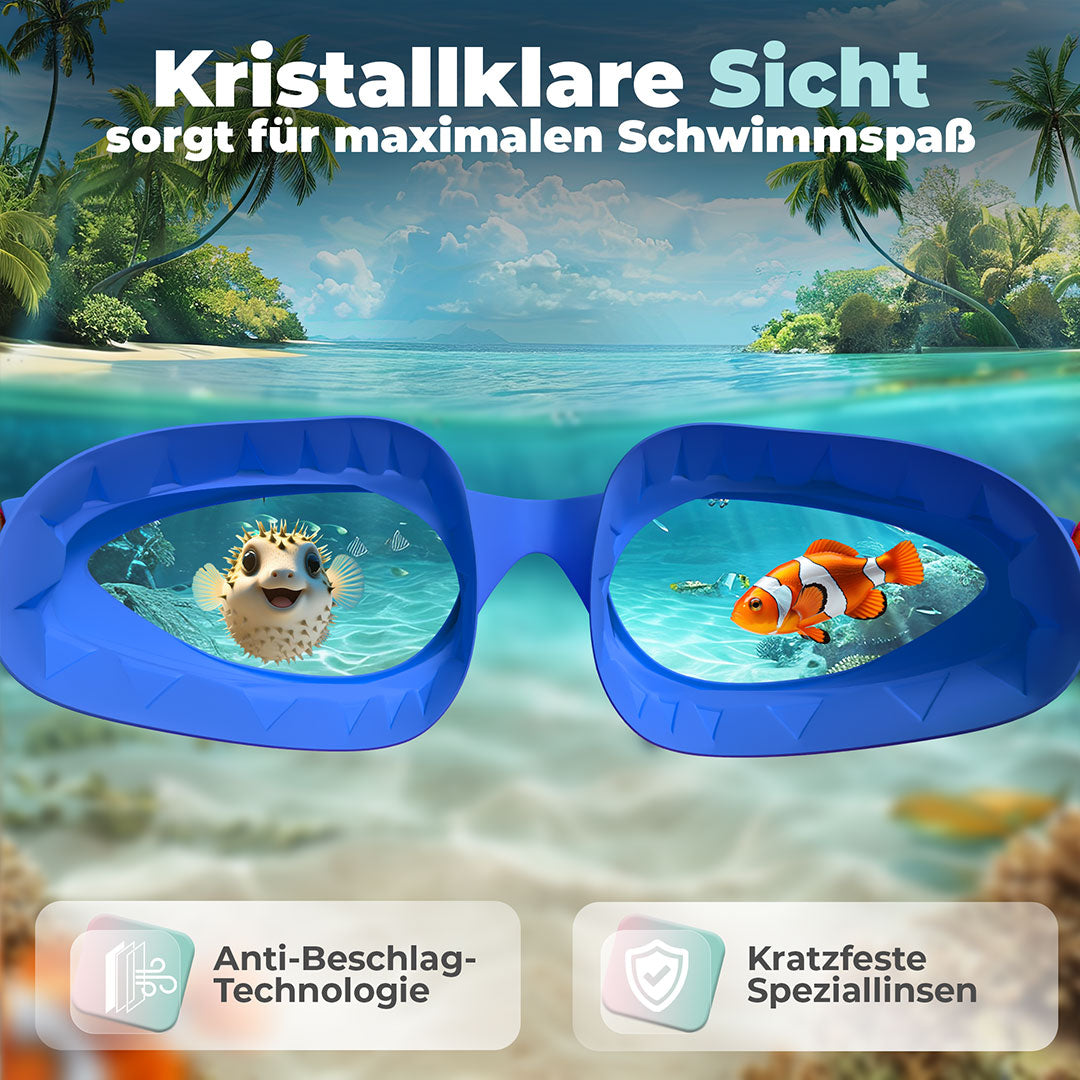 Die Sicht durch die Schwimmbrille für Kinder mit dem Text Kristallklare Sicht sorgt für maximalen Schwimmspaß. Anti-Beschlag-Technologie und kratzfeste Speziallinsen