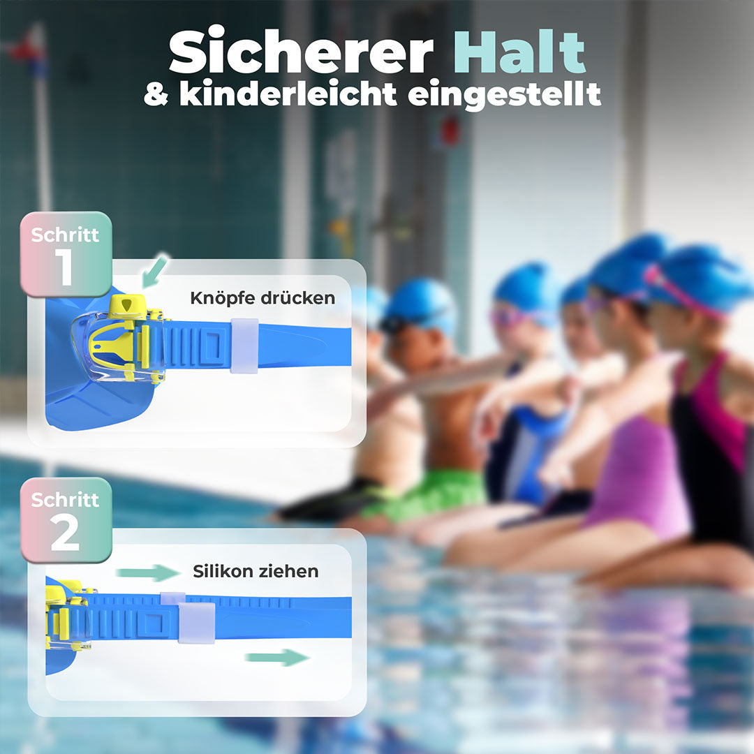 Unscharfer Hintergrund eines Schwimmunterrichts. Im Vordergrund Text im Bild: Sicherer Halt & kinderleicht eingestellt. Schritt 1: Knöpfe drücken. Schritt 2: Silikon ziehen.