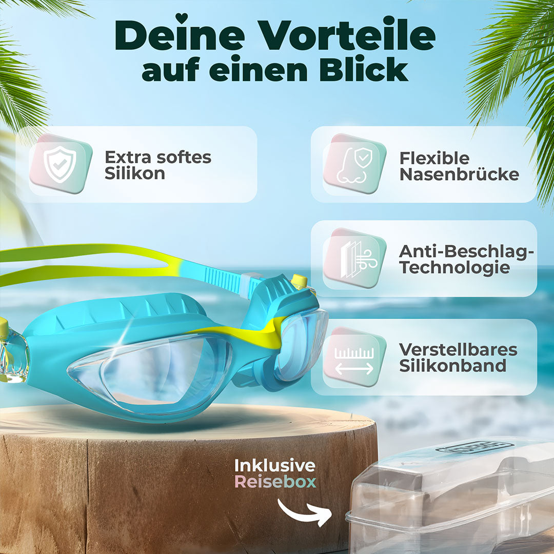 Kinderschwimmbrille auf einem Holzstamm am Strand mit dem Text Deine Vorteile auf einen Blick. Extra softes Silikon, Flexible Nasenbrücke, Anti Beschlag Technologie und Verstellbares Silikonband