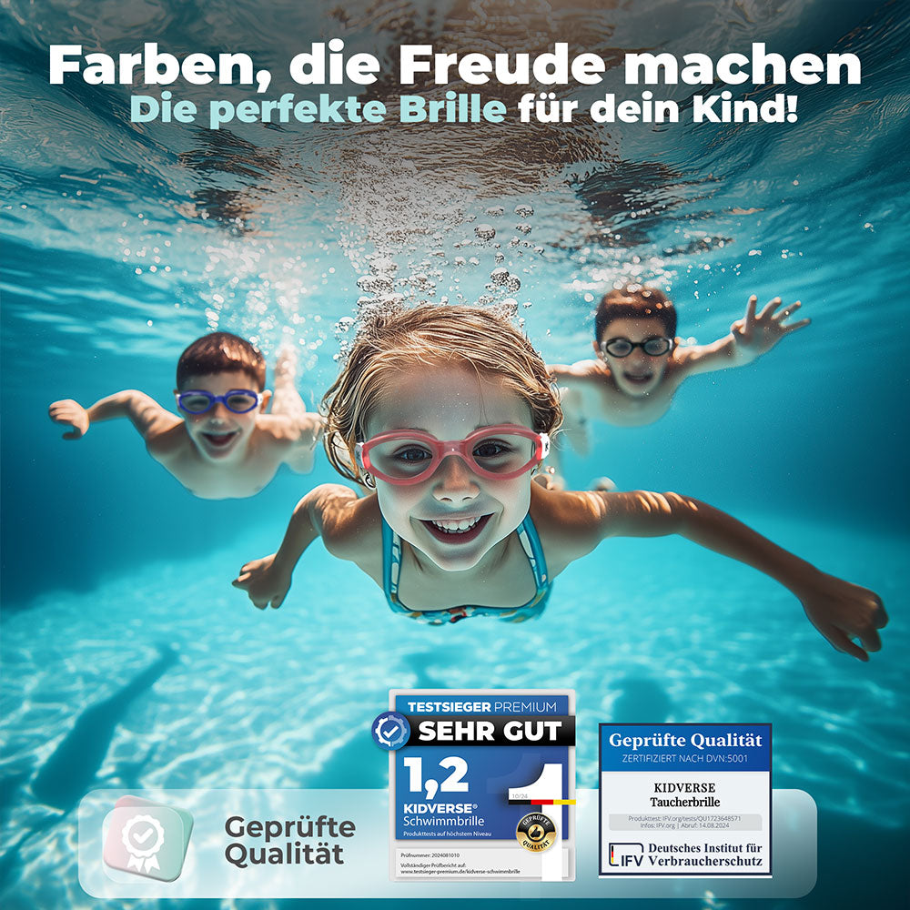 Kinder tauchen mit drei verschiedenen Schwimmbrillen in bunten Farben. Text im Bild: Farben, die Freude machen die perfekte Schwimmbrille für dein Kind. Geprüfte Qualität