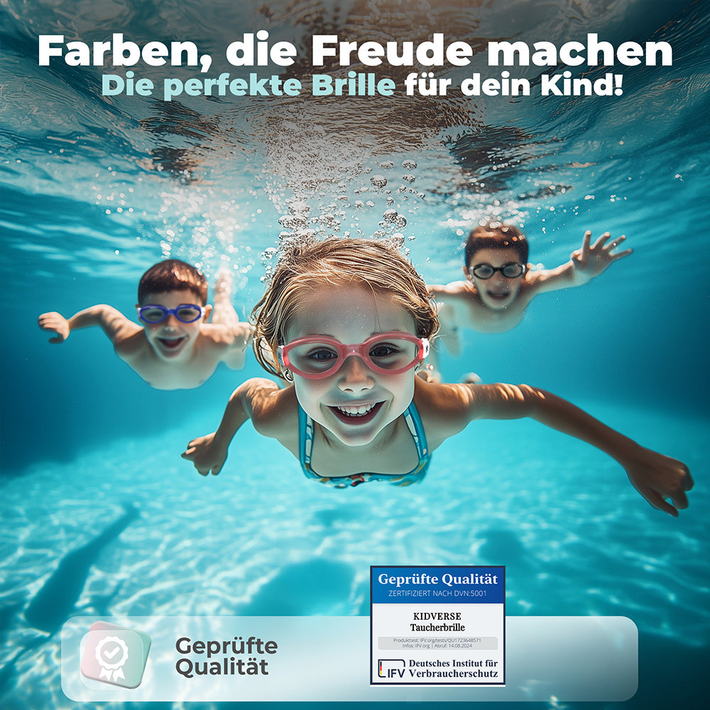 Kinder tauchen mit drei verschiedenen Schwimmbrillen in bunten Farben. Text im Bild: Farben, die Freude machen die perfekte Schwimmbrille für dein Kind. Geprüfte Qualität