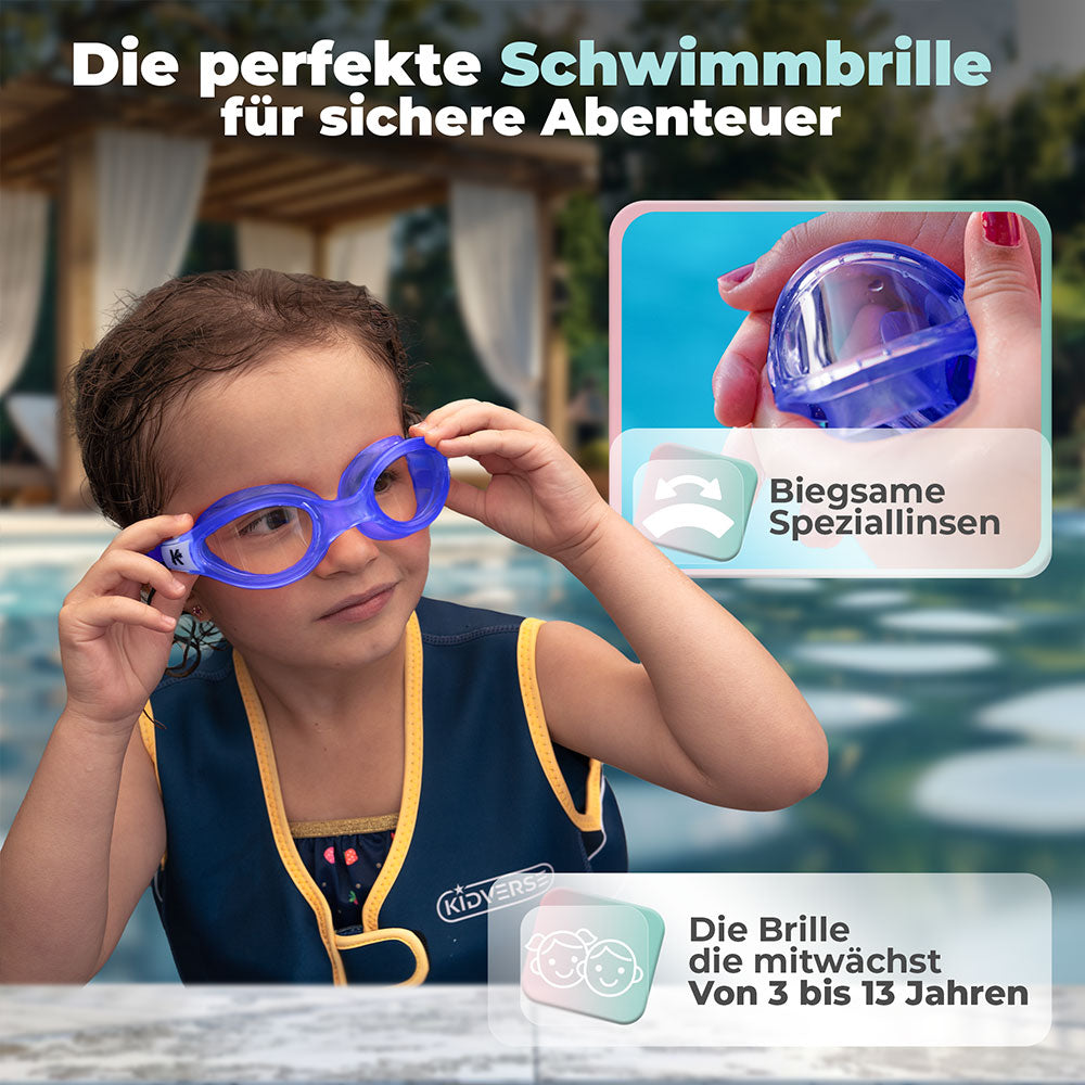 Kind am Beckenrand mit einer angezogenen Schwimmbrille mit dem Text Die perfekte Schwimmbrille für sichere Abenteuer. Biegsame Speziallinsen und die Schwimmbrille die mitwächst von 3 bis 13 Jahren