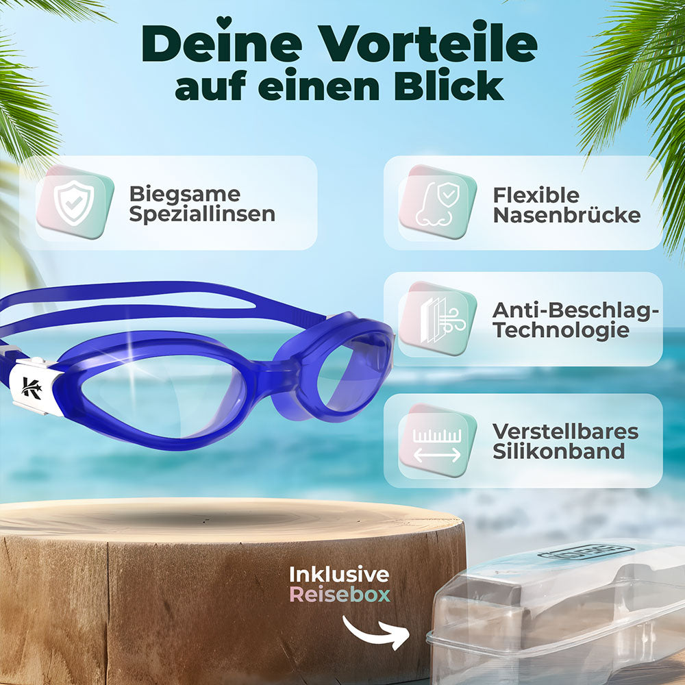 Kinderschwimmbrille auf einem Holzstamm am Strand mit dem Text Deine Vorteile auf einen Blick. Biegsame Speziallinsen, Flexible Nasenbrücke, Anti Beschlag Technologie und Verstellbares Silikonband