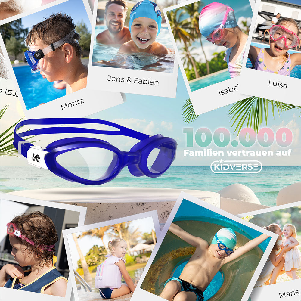 Abbildung der Kinderschwimmbrille. Am Bildrand werden Bilder von glücklichen Momenten gezeigt mit der Kidverse Schwimmbrille. 100000 Familien vertrauen auf Kidverse