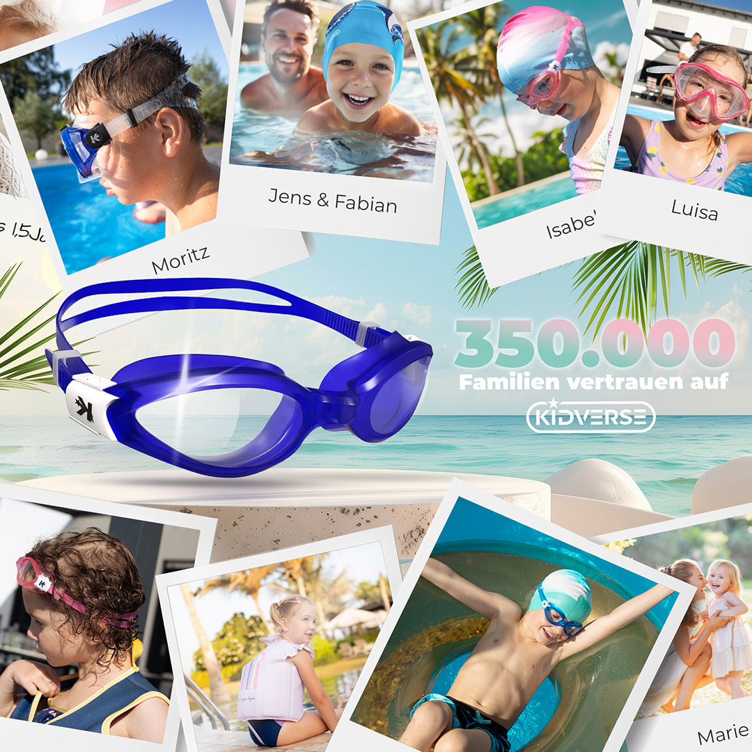 Abbildung der Kinderschwimmbrille. Am Bildrand werden Bilder von glücklichen Momenten gezeigt mit der Kidverse Schwimmbrille. 350000 Familien vertrauen auf Kidverse