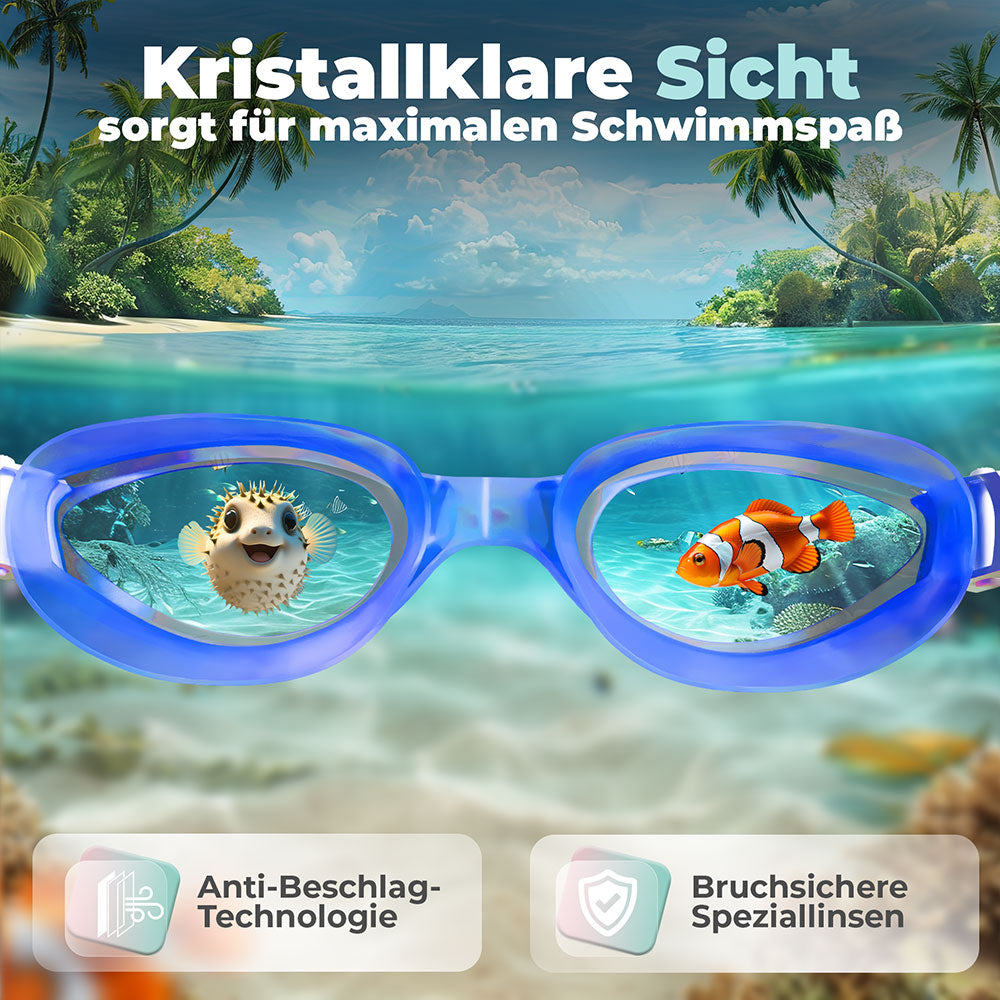 Die Sicht durch die Schwimmbrille für Kinder mit dem Text Kristallklare Sicht sorgt für maximalen Schwimmspaß. Anti-Beschlag-Technologie und Bruchsichere Speziallinsen