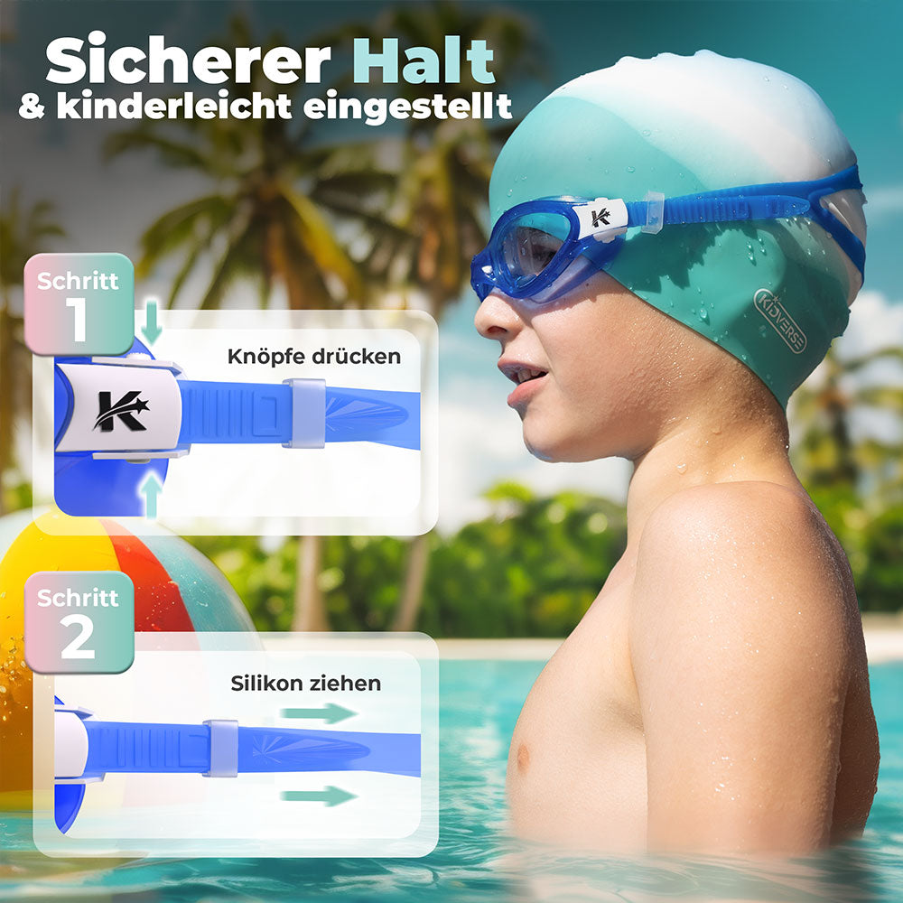 Kind mit einer Schwimmbrille im Wasser. Text: Sicherer Halt & kinderleicht eingestellt. Schritt 1 Knöpfe drücken und Schritt 2 Silikon ziehen