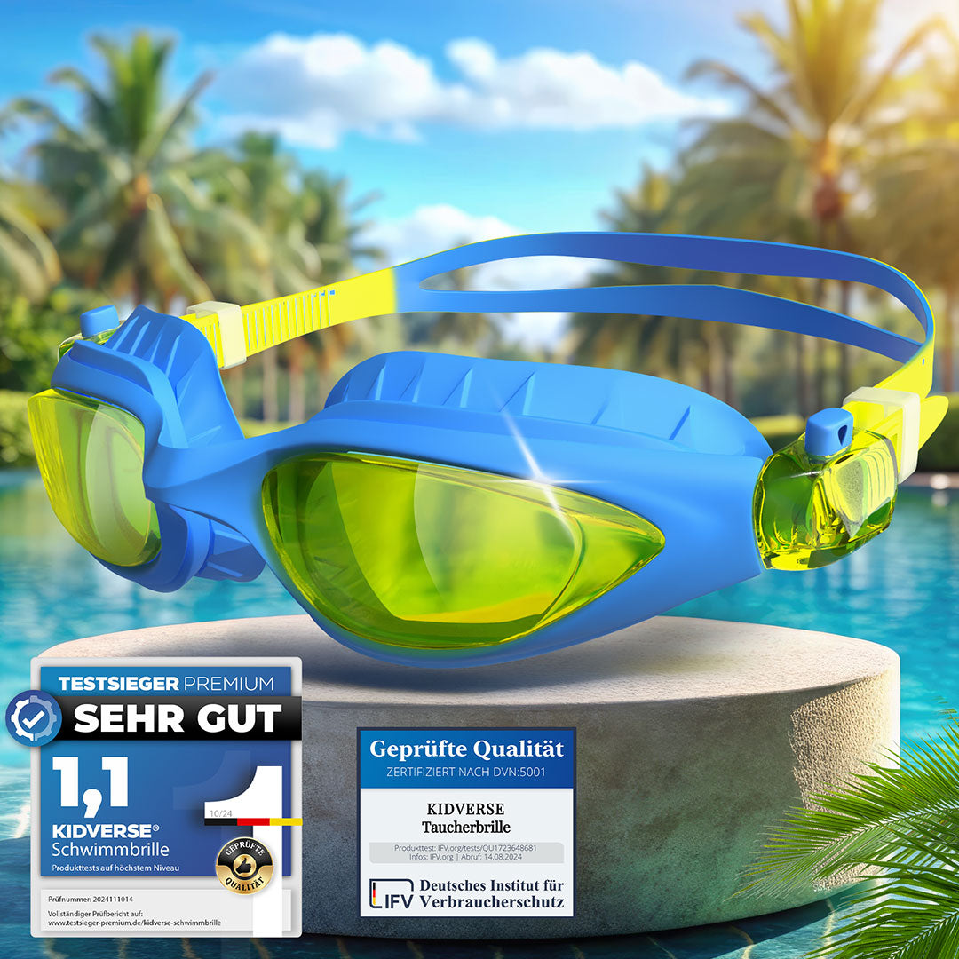 Schwimmbrille für Kinder von 3 bis 13 Jahren in gelb blau