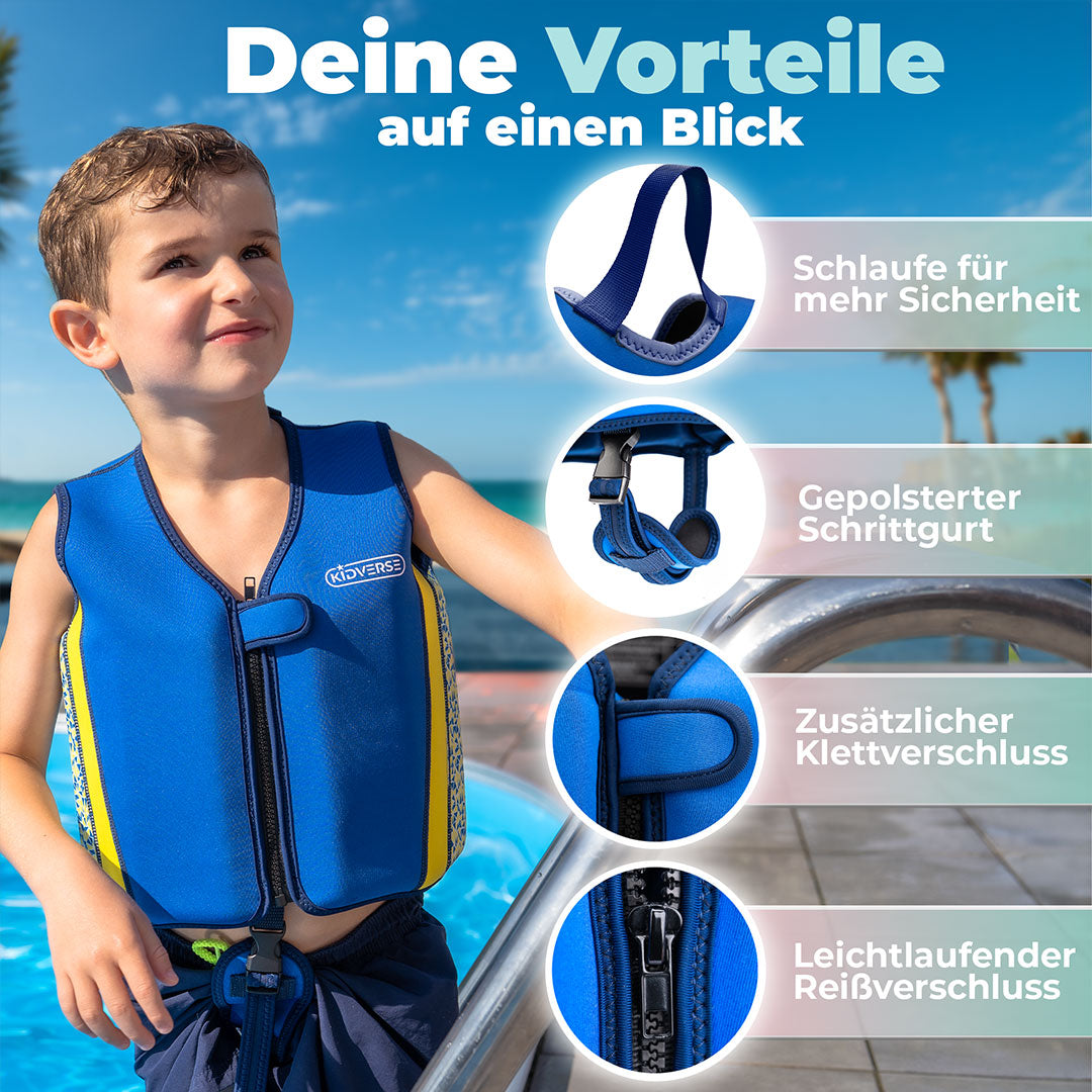 Lächelndes Kind am Strand mit einer Kinderschwimmweste mit der Überschrift Deine Vorteile auf einen Blick. Schlaufe für mehr Sicherheit, Gepolsterter Schrittgurt, Zusätzlicher Klettverschluss und Leichtlaufender Reißverschluss