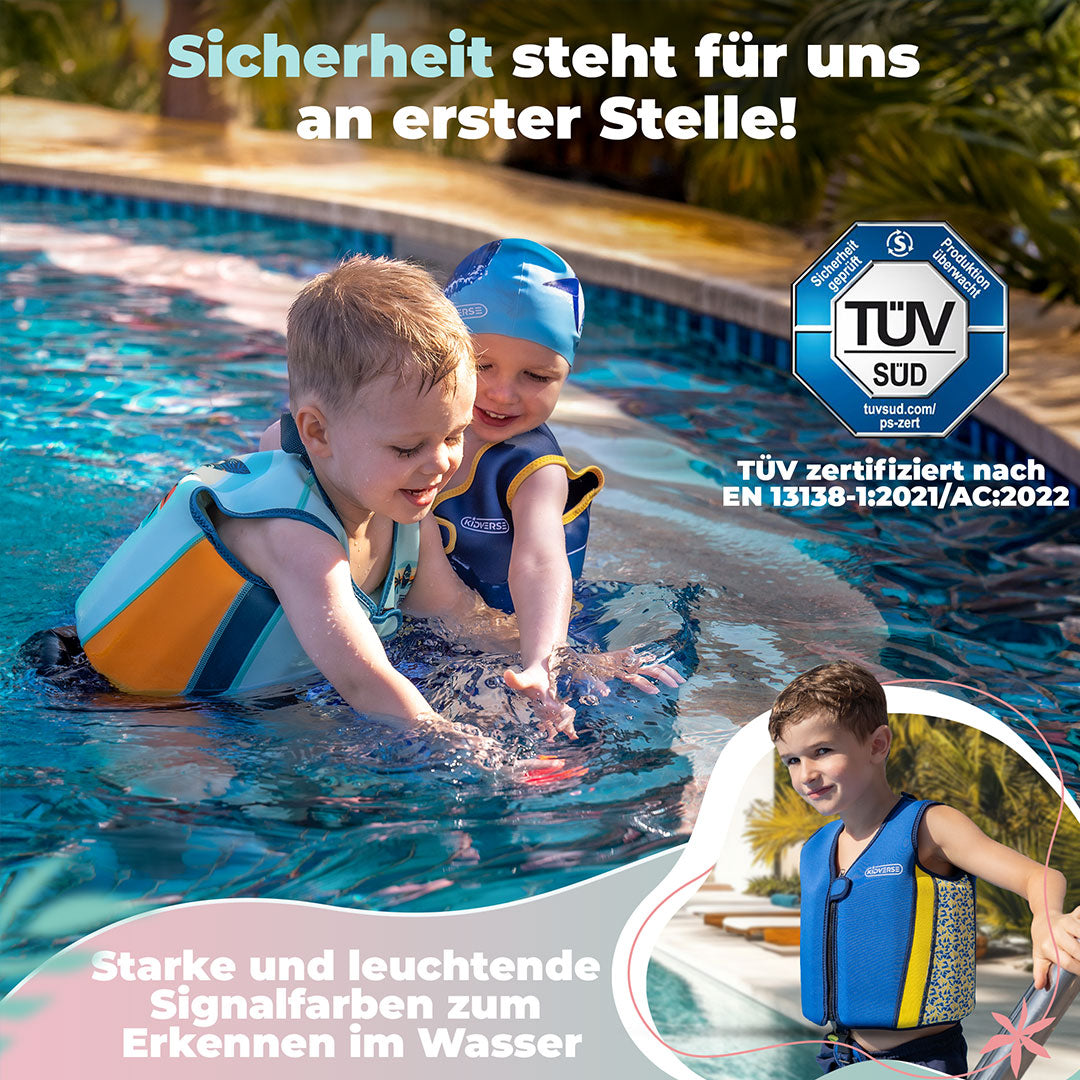 Kind im Pool mit der Überschrift Sicherheit steht für uns an erster Stelle. TÜV zertifiziert nach EN13138-1:2021/AC:2022. Starke und leuchtende Signalfarben zum erkennen im Wasser