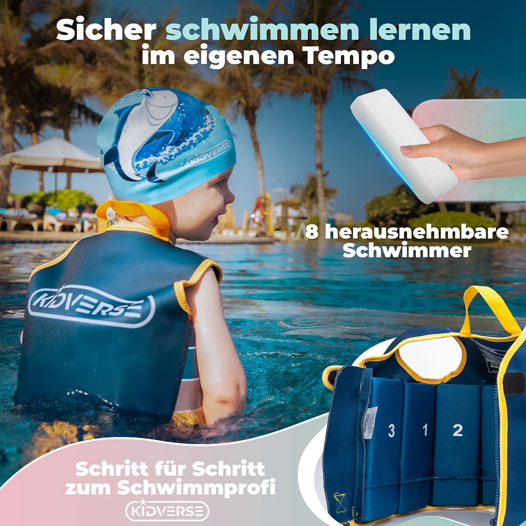 Kind im Pool mit dem Text: Sicher schwimmen lernen im eigenen Tempo. 8 herausnehmbare Schwimmer. Schritt für Schritt zum Schwimmprofi