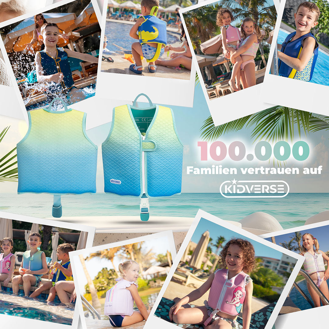 Abbildung einer Schwimmweste für Kinder von 1 bis 6 Jahren. Am Bildrand sind mehrere Fotos der Schwimmweste in Aktion zu sehen. Text im Bild: 100.000 Familien vertrauen auf Kidverse