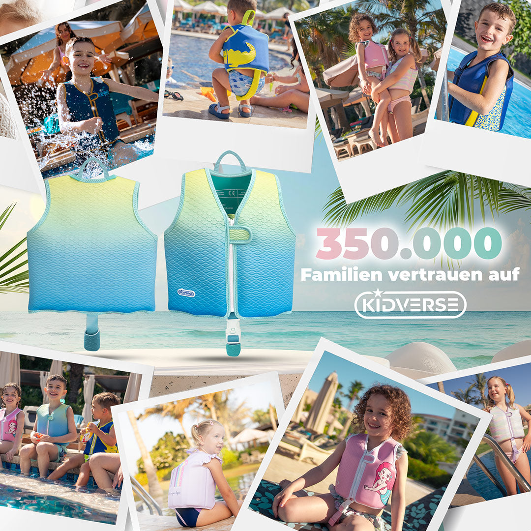 Abbildung einer Schwimmweste für Kinder von 1 bis 6 Jahren. Am Bildrand sind mehrere Fotos der Schwimmweste in Aktion zu sehen. Text im Bild: 350.000 Familien vertrauen auf Kidverse
