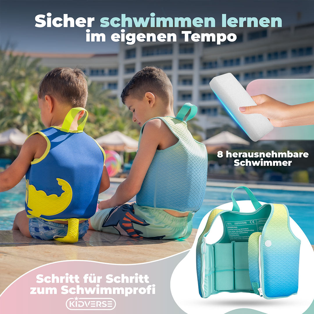 Zwei Kinder sitzen am Beckenrand mit dem Text: Sicher schwimmen lernen im eigenen Tempo. 8 herausnehmbare Schwimmer. Schritt für Schritt zum Schwimmprofi