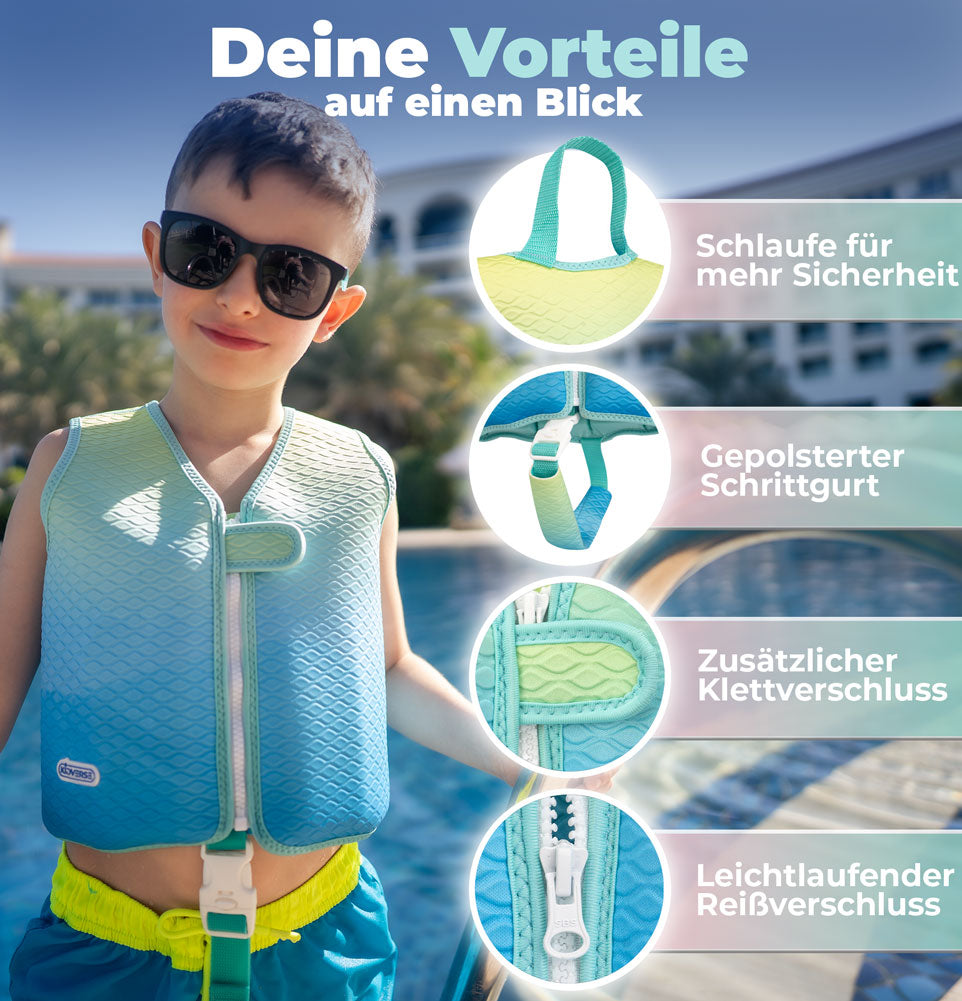 Lächelndes Kind mit einer Kinderschwimmweste mit der Überschrift Deine Vorteile auf einen Blick. Schlaufe für mehr Sicherheit, Gepolsterter Schrittgurt, Zusätzlicher Klettverschluss und leichtlaufender Reißverschluss