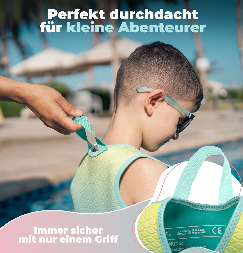 Kind sitzt am Beckenrand und wird an der Schlaufe der Schwimmweste festgehalten. Text: Perfekt durchdacht für kleine Abenteurer. Immer sicher mit nur einem Griff